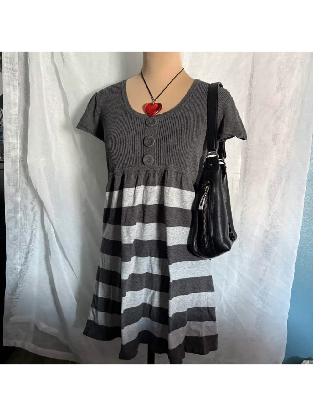 grey striped babydoll long top / mini dress